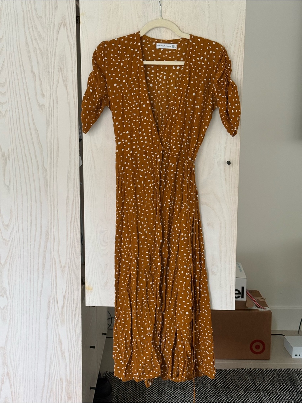 Women’s Mustard Polka Dot Wrap Dress - Casual Midi